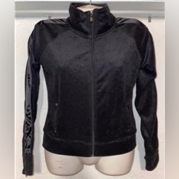 BCBG MaxAzria Vintage Y2K Velour & Satin Trim Black Zip Up Track Jacket Size S - Picture 2 of 8